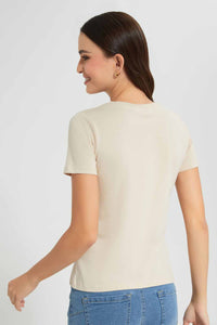 Redtag-Beige-Bonjour-Embellished-T-Shirt-Category:T-Shirts,-Colour:Beige,-Filter:Women's-Clothing,-New-In,-New-In-Women,-Non-Sale,-S22D,-Section:Women,-TBL,-Women-T-Shirts-Women's-