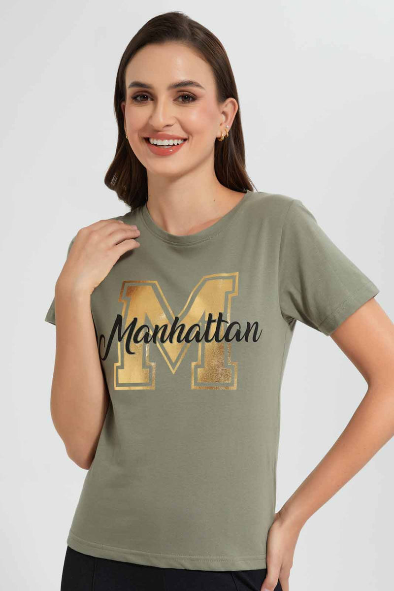 Redtag-Olive-Manhattan-Print-T-Shirt-Category:T-Shirts,-Colour:Dark-Green,-Filter:Women's-Clothing,-New-In,-New-In-Women,-Non-Sale,-S22D,-Section:Women,-TBL,-Women-T-Shirts-Women's-