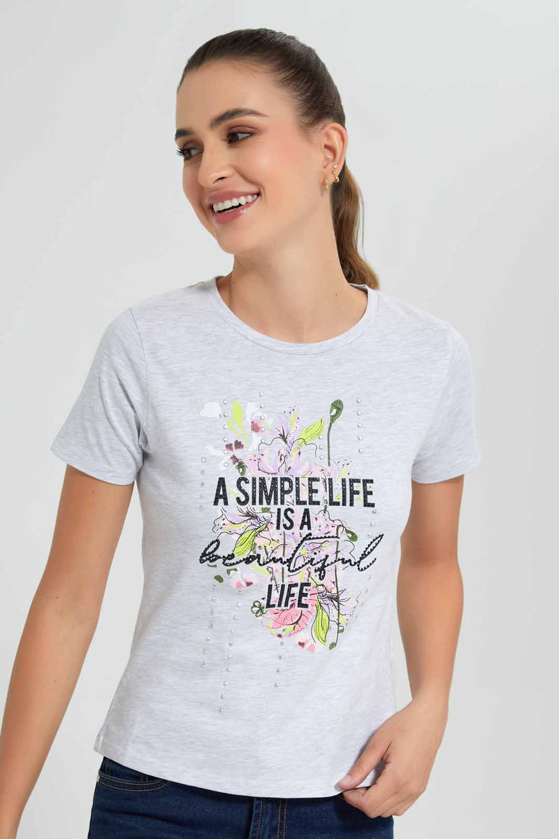 Redtag-Grey-Simple-Life-Embellised-T-Shirt-Category:T-Shirts,-Colour:Grey,-Filter:Women's-Clothing,-New-In,-New-In-Women,-Non-Sale,-S22D,-Section:Women,-TBL,-Women-T-Shirts-Women's-