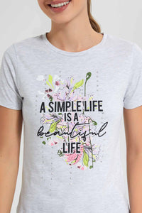 Redtag-Grey-Simple-Life-Embellised-T-Shirt-Category:T-Shirts,-Colour:Grey,-Filter:Women's-Clothing,-New-In,-New-In-Women,-Non-Sale,-S22D,-Section:Women,-TBL,-Women-T-Shirts-Women's-