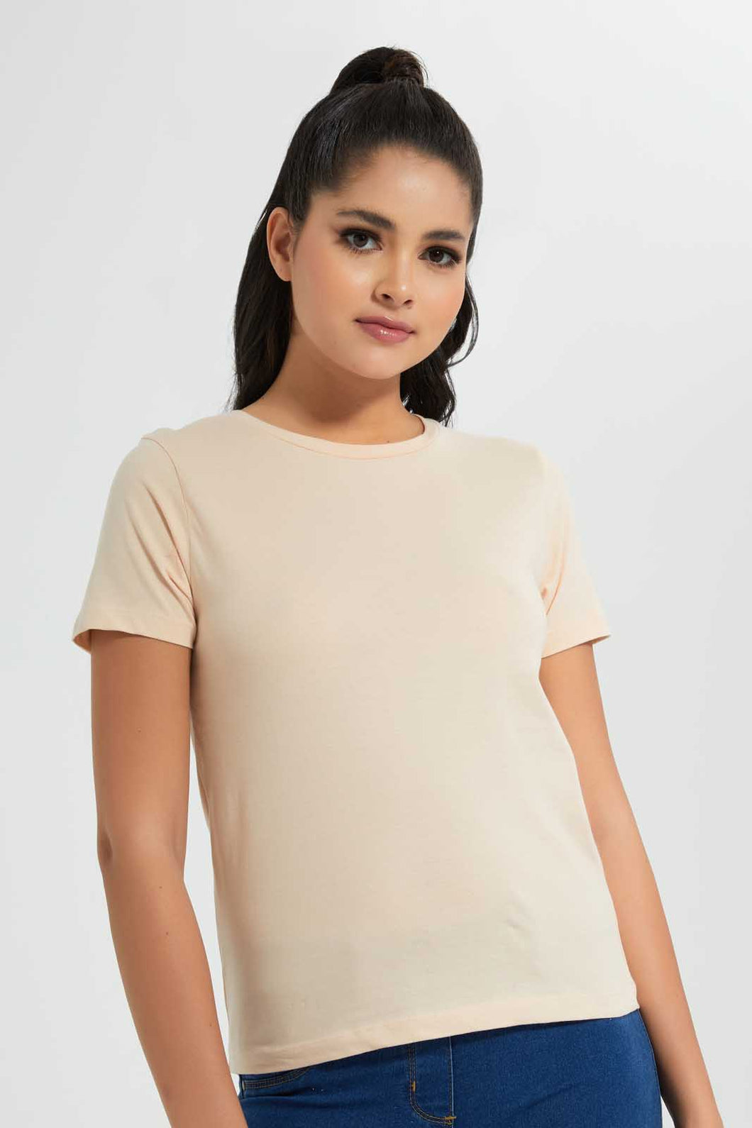 Redtag-Beige--Crew-Neck-T-Shirt-Graphic-T-Shirts-Women's-