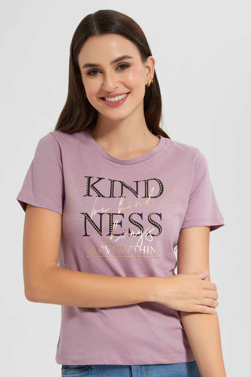 Redtag-Mauve-Kindness-Embellished-T-Shirt-Category:T-Shirts,-Colour:Mauve,-Filter:Women's-Clothing,-New-In,-New-In-Women,-Non-Sale,-S22D,-Section:Women,-TBL,-Women-T-Shirts-Women's-