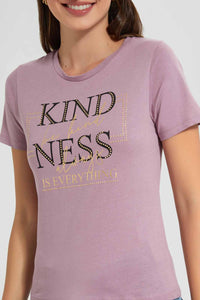 Redtag-Mauve-Kindness-Embellished-T-Shirt-Category:T-Shirts,-Colour:Mauve,-Filter:Women's-Clothing,-New-In,-New-In-Women,-Non-Sale,-S22D,-Section:Women,-TBL,-Women-T-Shirts-Women's-