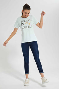 Redtag-Mint-Believe-In-Yourself-Embellished-T-Shirt-Category:T-Shirts,-Colour:Mint,-Filter:Women's-Clothing,-New-In,-New-In-Women,-Non-Sale,-S22D,-Section:Women,-TBL,-Women-T-Shirts-Women's-