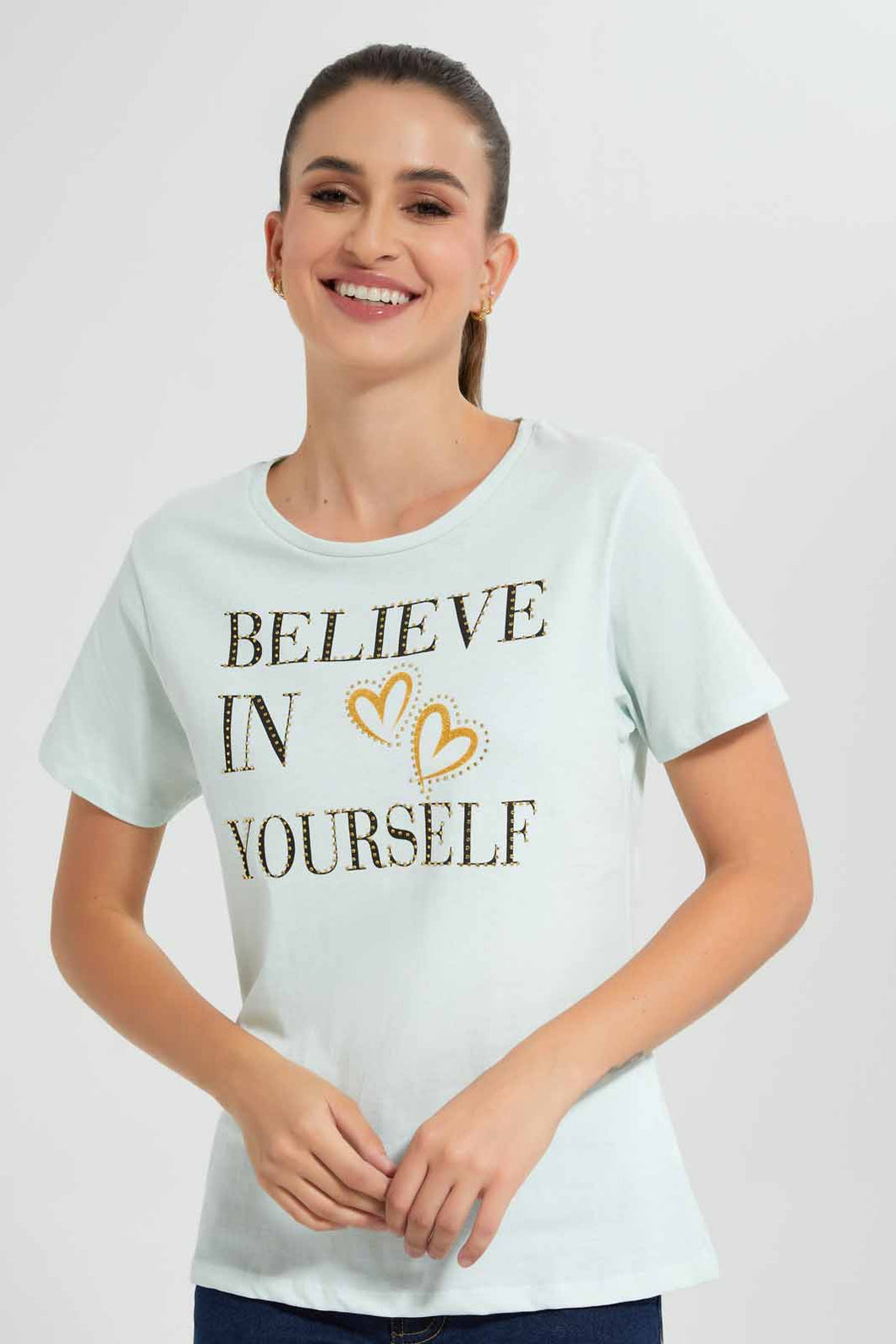 Redtag-Mint-Believe-In-Yourself-Embellished-T-Shirt-Category:T-Shirts,-Colour:Mint,-Filter:Women's-Clothing,-New-In,-New-In-Women,-Non-Sale,-S22D,-Section:Women,-TBL,-Women-T-Shirts-Women's-