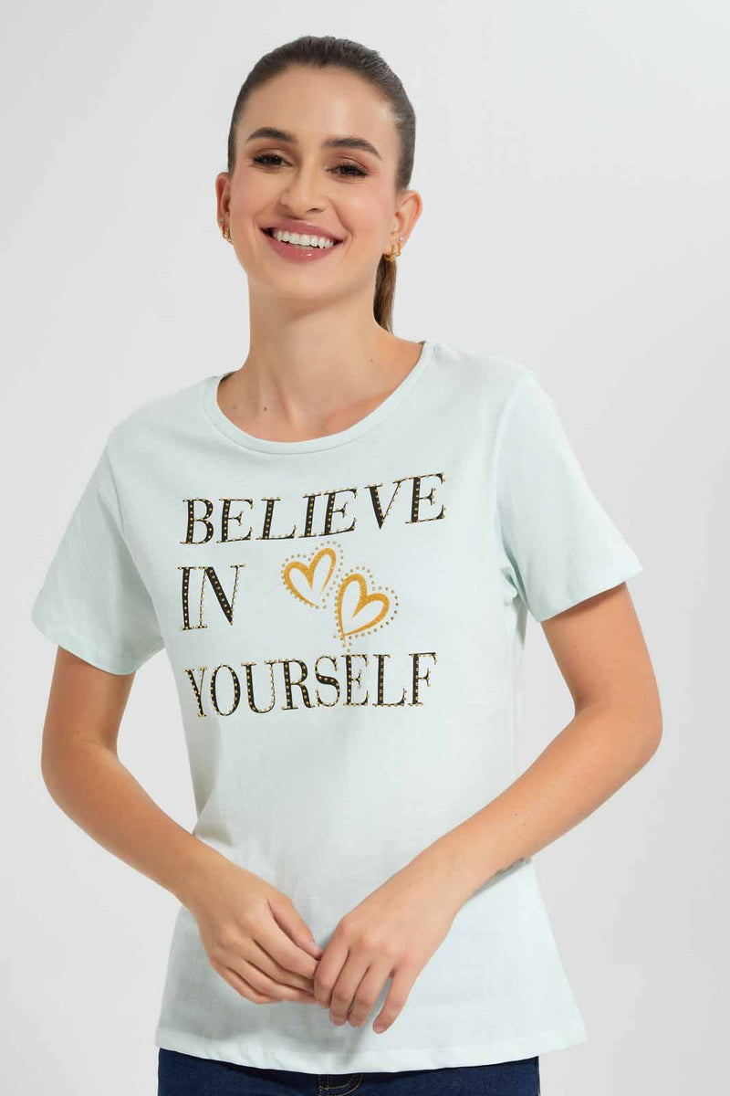 Redtag-Mint-Believe-In-Yourself-Embellished-T-Shirt-Category:T-Shirts,-Colour:Mint,-Filter:Women's-Clothing,-New-In,-New-In-Women,-Non-Sale,-S22D,-Section:Women,-TBL,-Women-T-Shirts-Women's-
