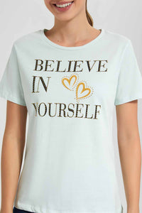 Redtag-Mint-Believe-In-Yourself-Embellished-T-Shirt-Category:T-Shirts,-Colour:Mint,-Filter:Women's-Clothing,-New-In,-New-In-Women,-Non-Sale,-S22D,-Section:Women,-TBL,-Women-T-Shirts-Women's-