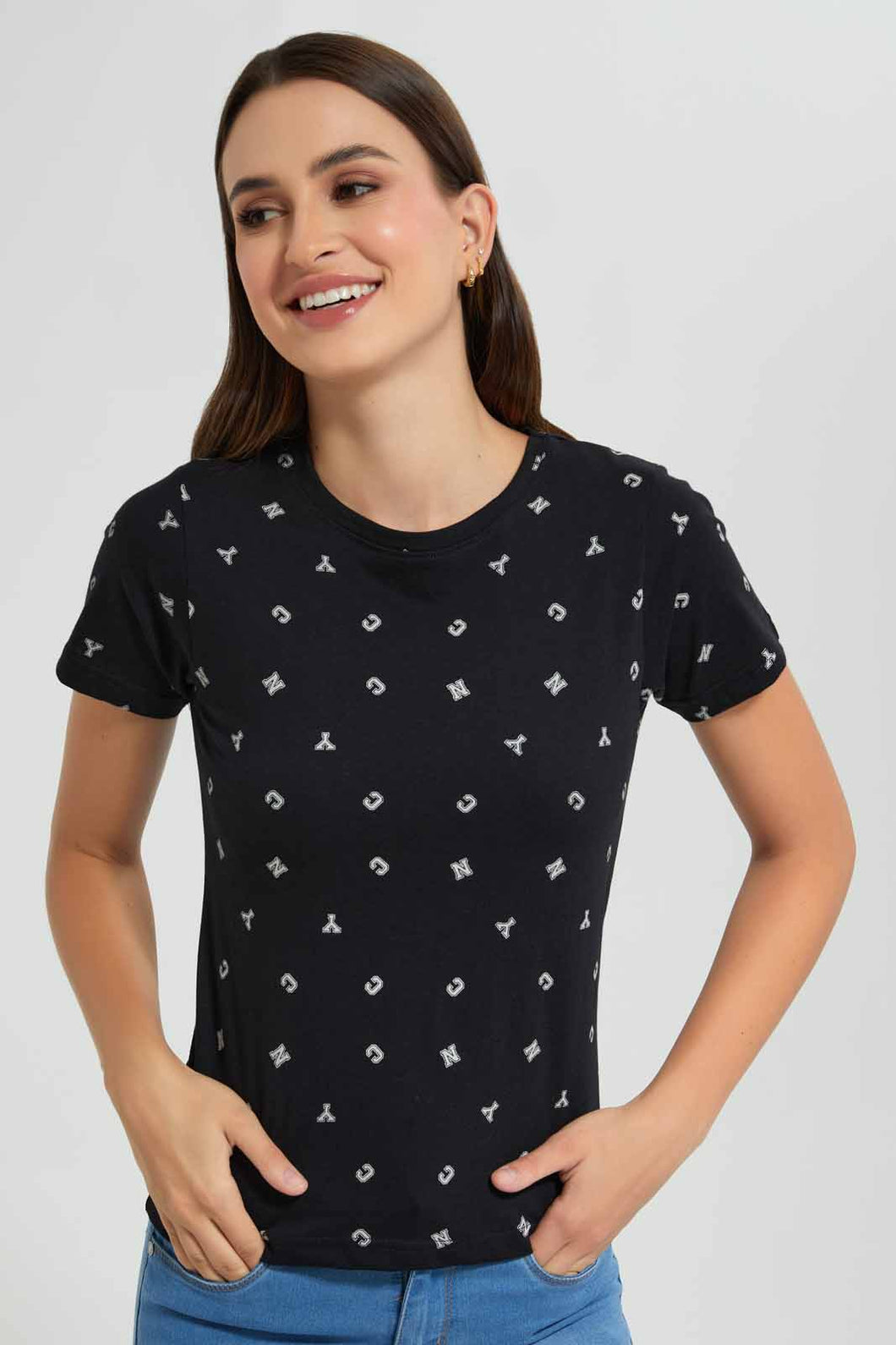 Redtag-Black-Nyc-Allover-Print-T-Shirt-Category:T-Shirts,-Colour:Black,-Filter:Women's-Clothing,-New-In,-New-In-Women,-Non-Sale,-S22D,-Section:Women,-TBL,-Women-T-Shirts-Women's-