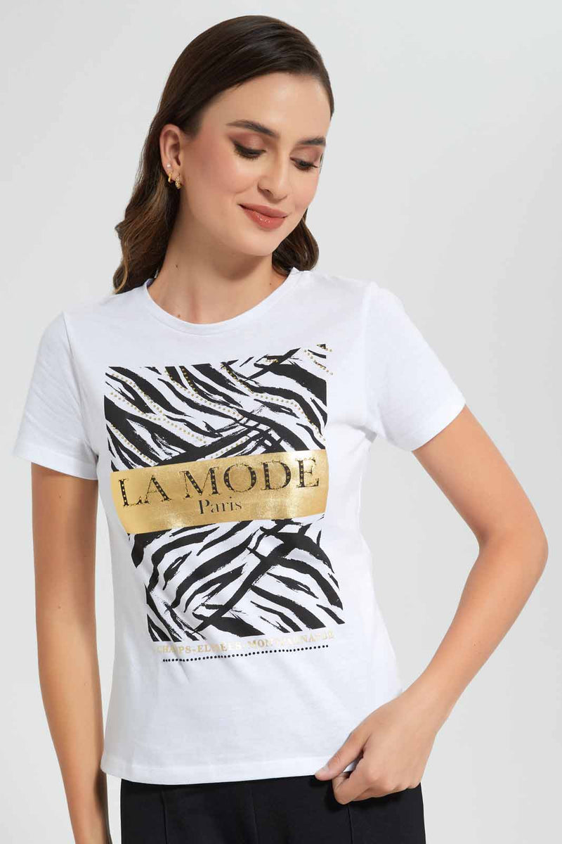 Redtag-White-La-Mode-Embellished-T-Shirt-Category:T-Shirts,-Colour:White,-Filter:Women's-Clothing,-New-In,-New-In-Women,-Non-Sale,-S22D,-Section:Women,-TBL,-Women-T-Shirts-Women's-
