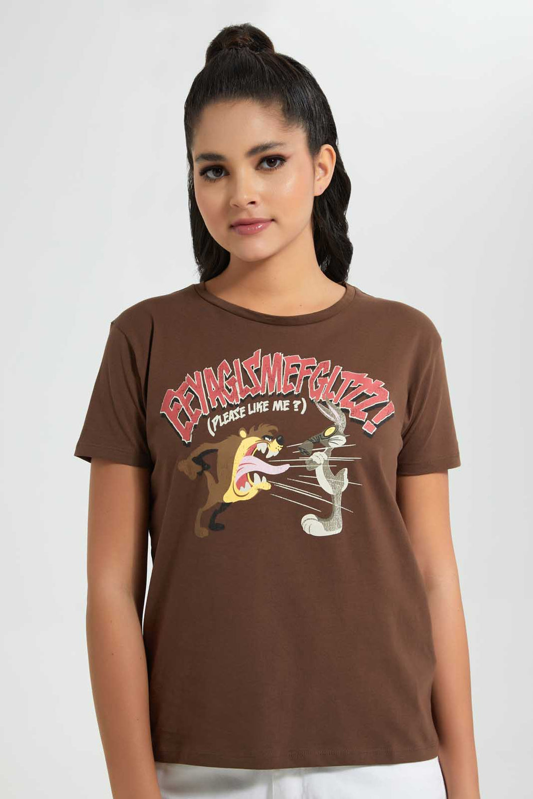 Redtag-Brown-Looney-Tunes-Printed-T-Shirt-Graphic-T-Shirts-Women's-