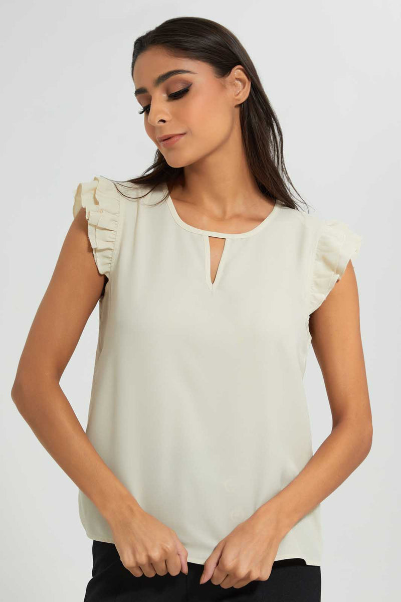 Redtag-Beige-Ruffle-Sleeve-Keyhole-Neck-Blouse-Blouses-Women's-