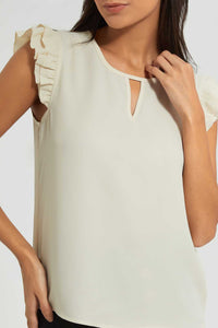Redtag-Beige-Ruffle-Sleeve-Keyhole-Neck-Blouse-Blouses-Women's-