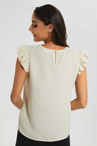 Redtag-Beige-Ruffle-Sleeve-Keyhole-Neck-Blouse-Blouses-Women's-