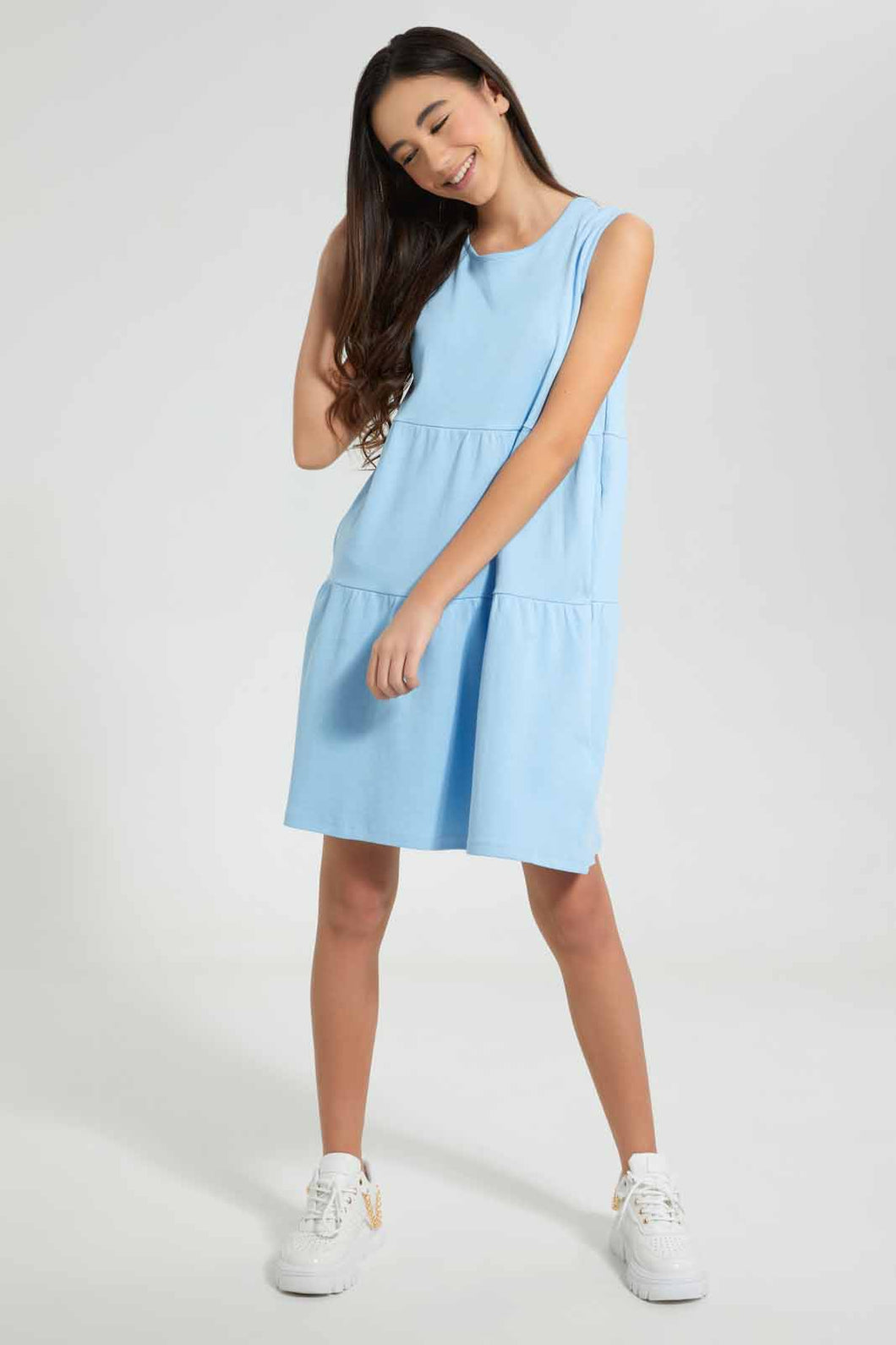 Redtag-Light-Blue-Tiered-Knitted-Dress-Dresses-Senior-Girls-9 to 14 Years