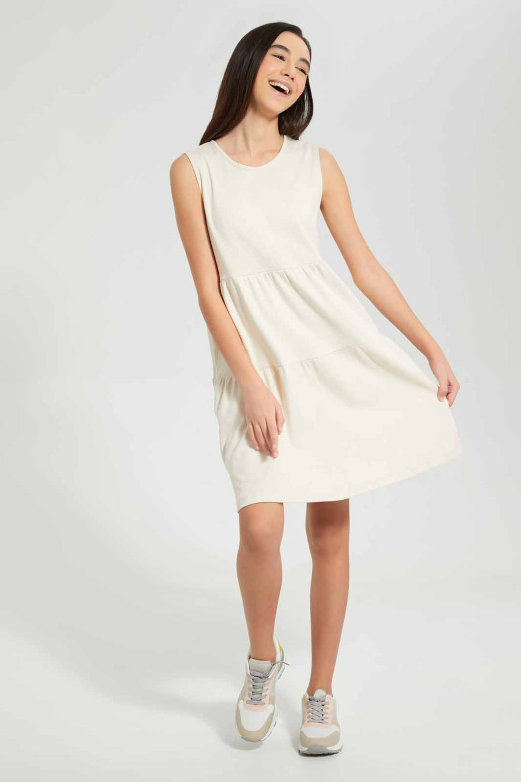 Redtag-Biege-Tiered-Knitted-Dress-Dresses-Senior-Girls-9 to 14 Years