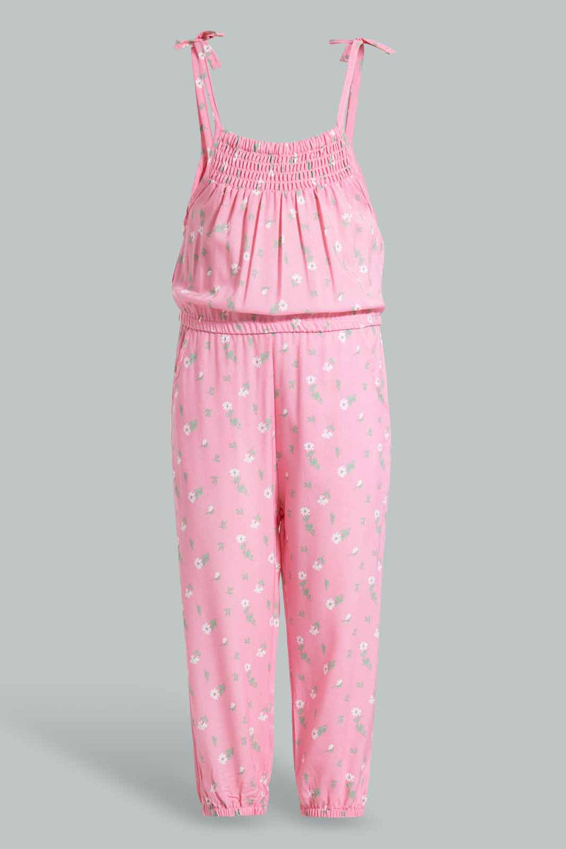 Redtag-Coral-Aop-Strappy-Jumpsuit-Category:Jumpsuits,-Colour:Orange,-Filter:Infant-Girls-(3-to-24-Mths),-Infant-Girls-Jumpsuits,-New-In,-New-In-ING,-Non-Sale,-RMD-add,-S22C,-Section:Kidswear-Infant-Girls-3 to 24 Months