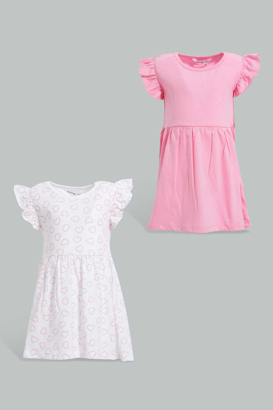 Redtag-White-Printed-/-Solid-Fuchsia-2Pc-Pack-Knit-Dress-Dresses-Infant-Girls-3 to 24 Months