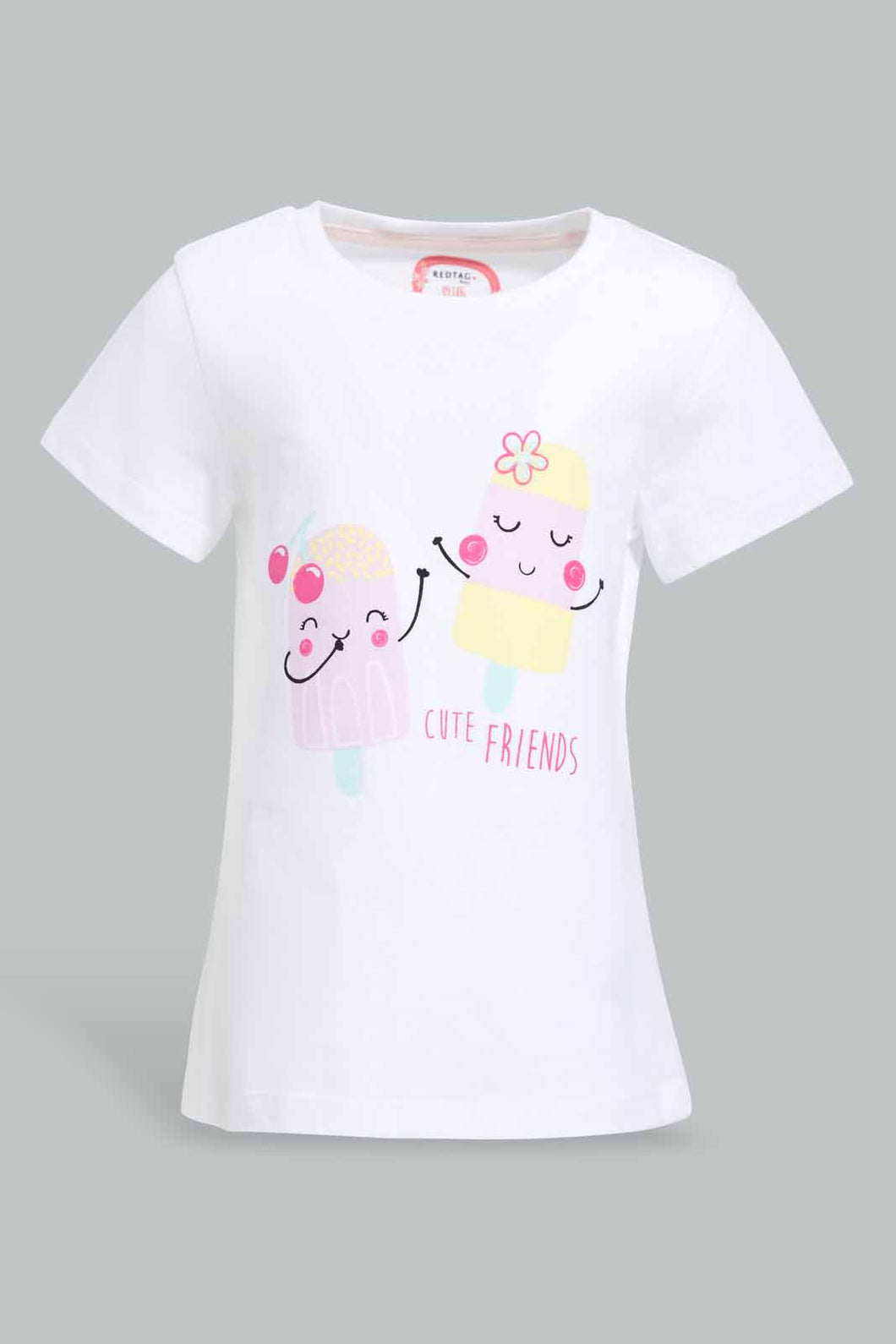 Redtag-White-Cute-Friends-Printed-T-Shirt-Category:T-Shirts,-CHR,-Colour:White,-Filter:Infant-Girls-(3-to-24-Mths),-ING-T-Shirts,-New-In,-New-In-ING-APL,-Non-Sale,-S22B,-Section:Kidswear,-TBL-Infant-Girls-