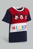 Redtag-Red-And-Navy-Color-Block-Mickey-Mouse-Graphic-T-Shirts-Infant-Boys-3 to 24 Months