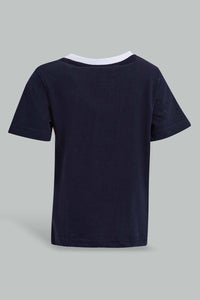 Redtag-Red-And-Navy-Color-Block-Mickey-Mouse-Graphic-T-Shirts-Infant-Boys-3 to 24 Months