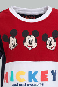 Redtag-Red-And-Navy-Color-Block-Mickey-Mouse-Graphic-T-Shirts-Infant-Boys-3 to 24 Months