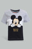 Redtag-Grey-And-Black-Color-Block-Mickey-Mouse-Graphic-T-Shirts-Infant-Boys-3 to 24 Months