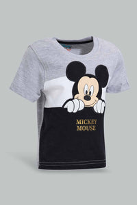 Redtag-Grey-And-Black-Color-Block-Mickey-Mouse-Graphic-T-Shirts-Infant-Boys-3 to 24 Months