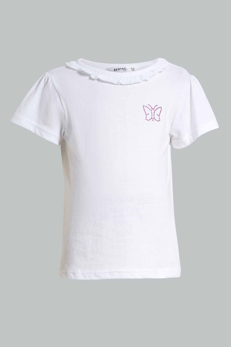 Redtag-White-S/Sleeve-T-Shirt-With-Ruffles-At-Neck-Graphic-T-Shirts-Girls-2 to 8 Years