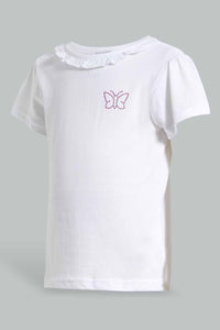 Redtag-White-S/Sleeve-T-Shirt-With-Ruffles-At-Neck-Graphic-T-Shirts-Girls-2 to 8 Years