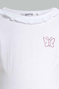 Redtag-White-S/Sleeve-T-Shirt-With-Ruffles-At-Neck-Graphic-T-Shirts-Girls-2 to 8 Years