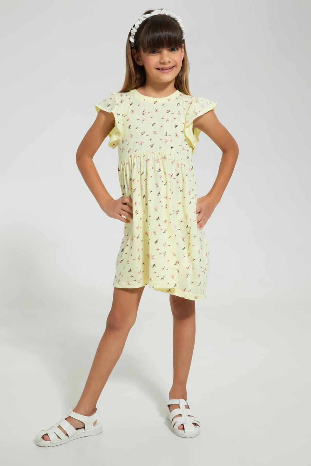 Redtag-Yellow-Aop-Dress-Dresses-Girls-2 to 8 Years