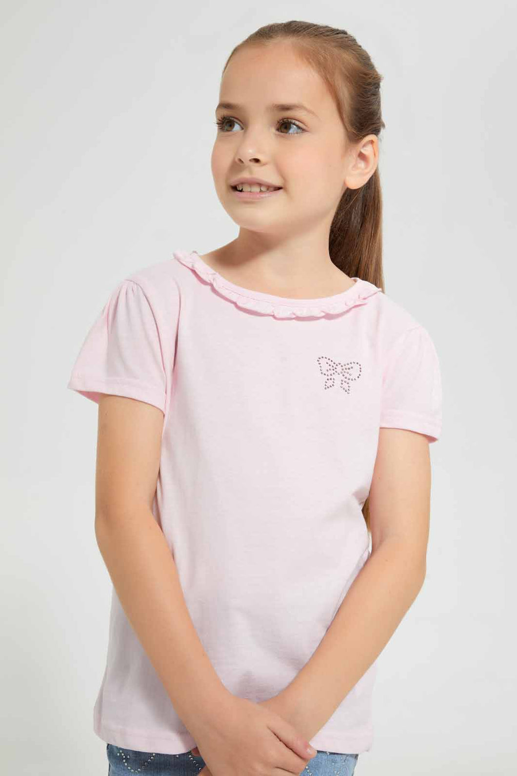 Redtag-Pink-S/Sleeve-T-Shirt-With-Ruffles-At-Neck-Graphic-T-Shirts-Girls-2 to 8 Years