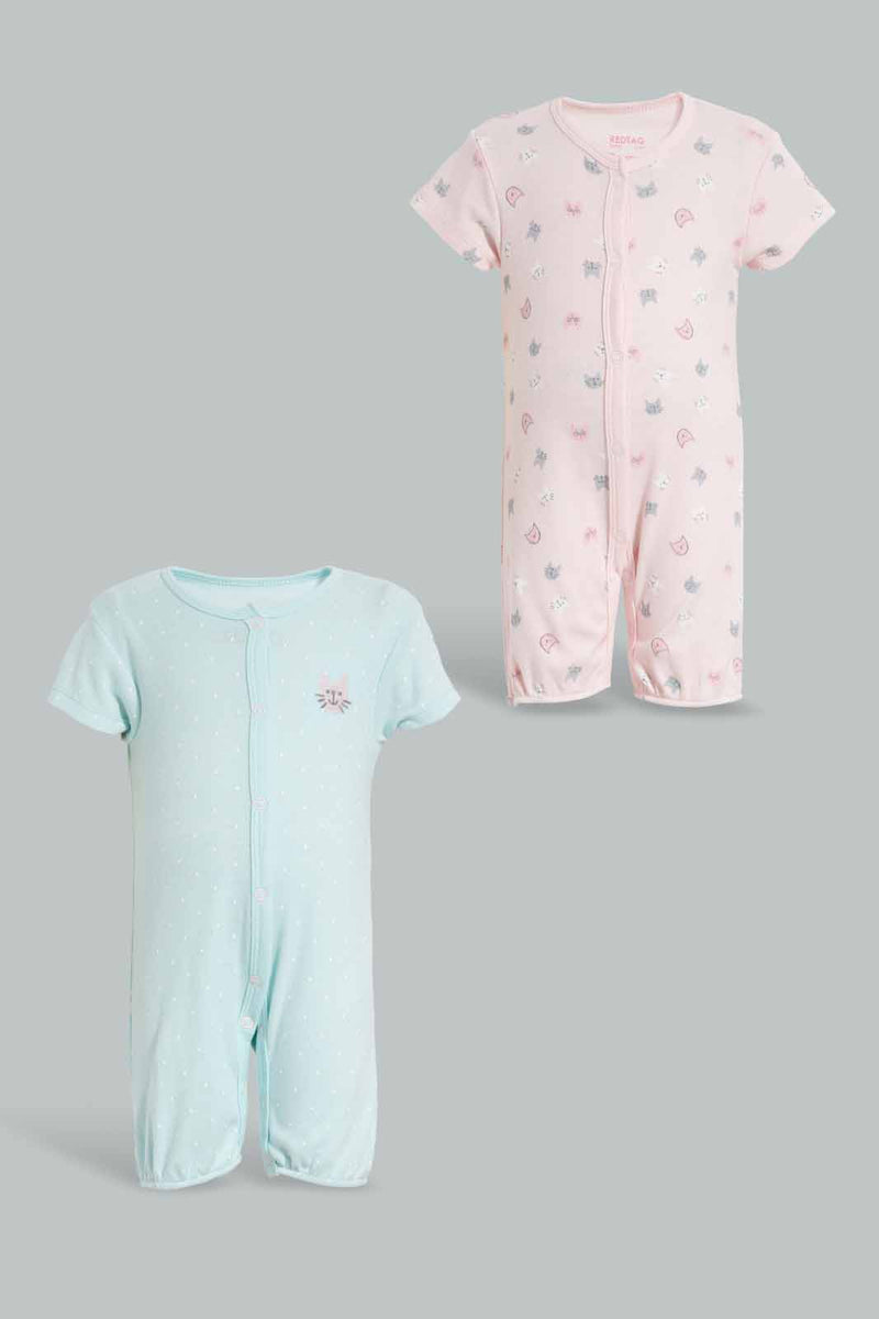 Redtag-Mint-And-Peach-Cat-2-Piece-Pack-Sleep-Suit-Sleepsuits-Baby-0 to 12 Months