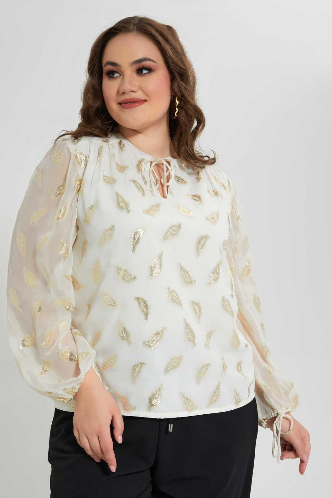 Redtag-Gold-Leaf-Ivory-Jacquard-Blouse-Blouses-Women's-