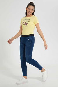 Redtag-Dark-Wash-Jegging-With-Glittered-Waistband-Jeggings-Senior-Girls-9 to 14 Years