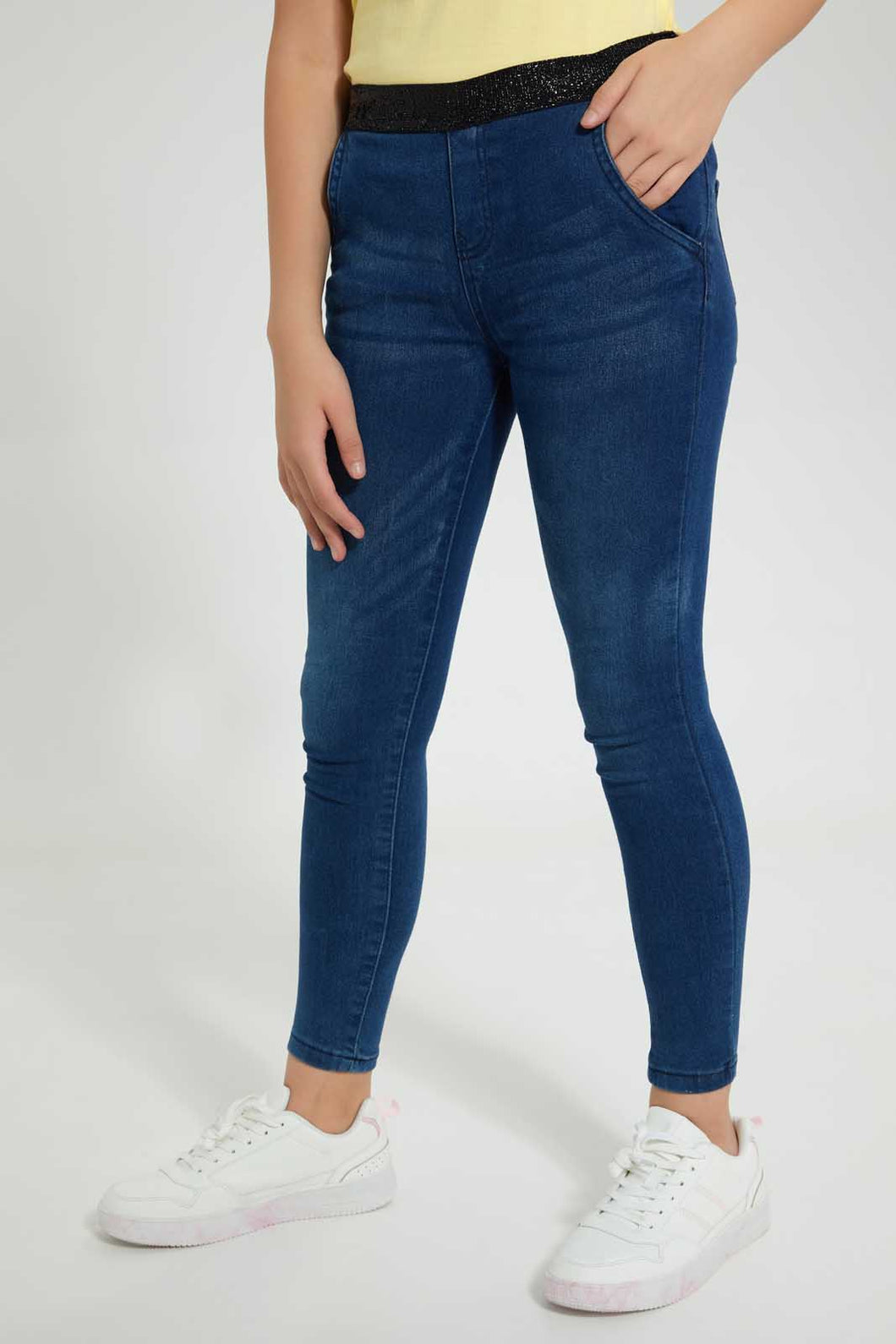 Redtag-Dark-Wash-Jegging-With-Glittered-Waistband-Jeggings-Senior-Girls-9 to 14 Years