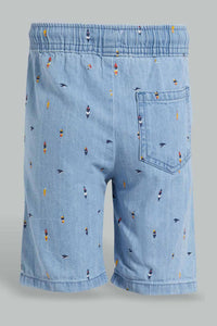 Redtag-Lgith-Wash--Allover-Printed-Pull-On-Denim-Short:Light-Wash:3-6-Months-Denim-Shorts-Infant-Boys-3 to 24 Months