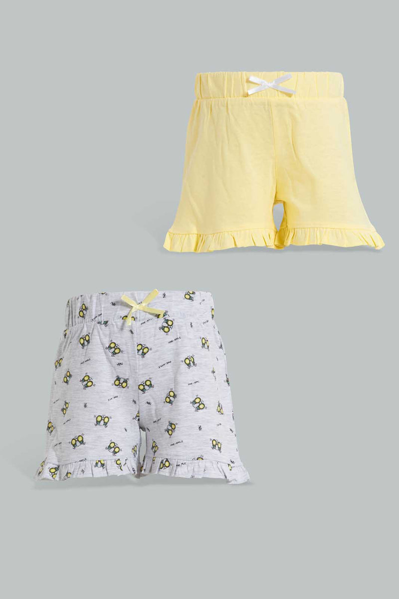 Redtag-Grey-Printed-/-Yellow-Solid-2Pk-Short-Casual-Shorts-Infant-Girls-3 to 24 Months