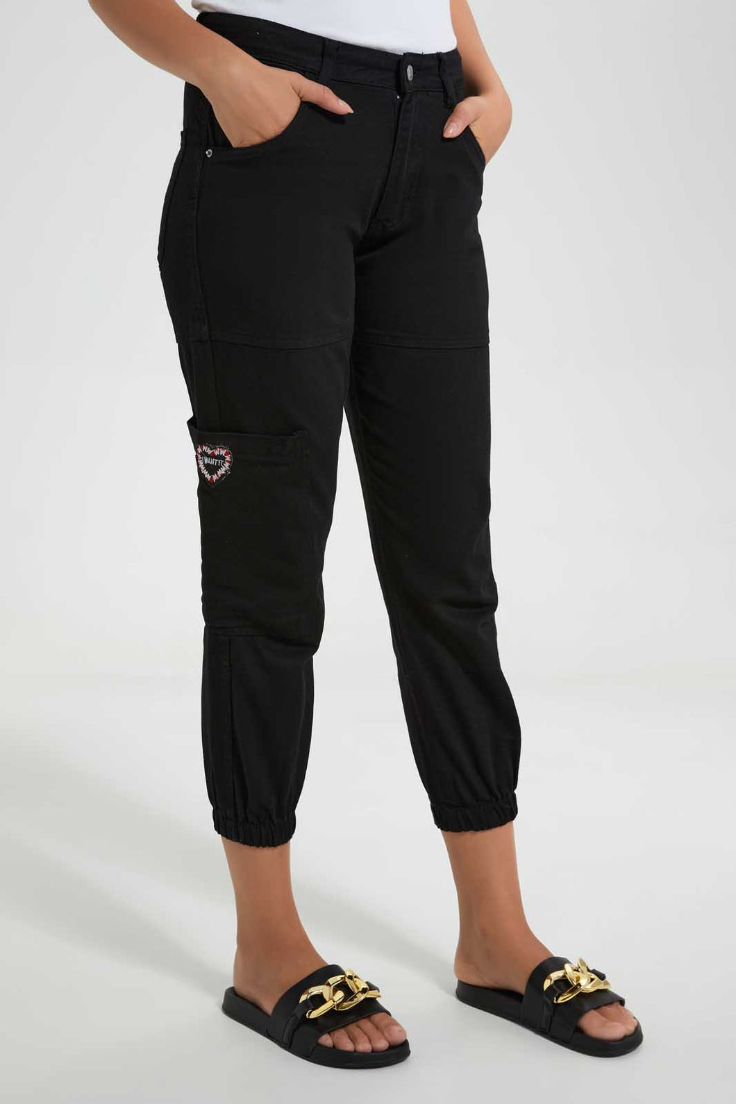 Redtag-Black-Utility-Jogger-With-Embroidery-Jeans-Jogger-Fit-Women's-