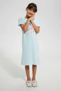 Redtag-Sky-Blue-S/Sleeve-Nightshirt-With-Placement-Print-Nightshirts-Girls-2 to 8 Years