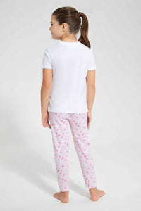 Redtag-White-Printed-S/Sleeve-Pyjama-Sets-Pyjama-Sets-Girls-2 to 8 Years