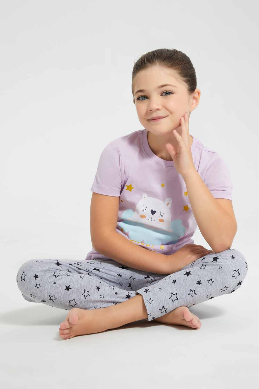Redtag-Lilac-Printed-S/Sleeve-Pyjama-Sets-Pyjama-Sets-Girls-2 to 8 Years