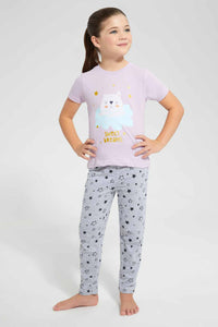 Redtag-Lilac-Printed-S/Sleeve-Pyjama-Sets-Pyjama-Sets-Girls-2 to 8 Years