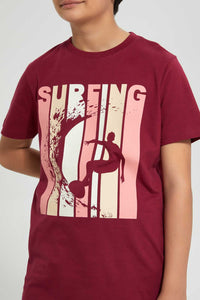 Redtag-Maroon-Surfing-Tee-Graphic-T-Shirts-Senior-Boys-9 to 14 Years