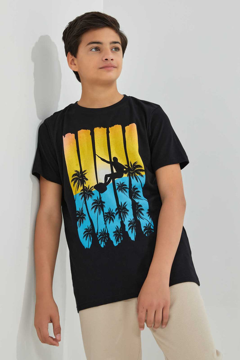 Redtag-Black-Surfing-Tee-Graphic-T-Shirts-Senior-Boys-9 to 14 Years