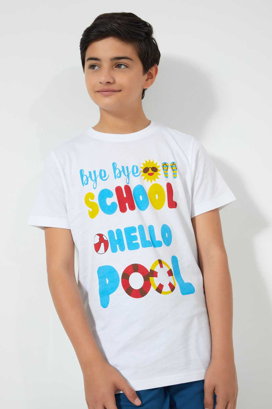 Redtag-White-Bye-Hello-Tee-Graphic-T-Shirts-Senior-Boys-9 to 14 Years