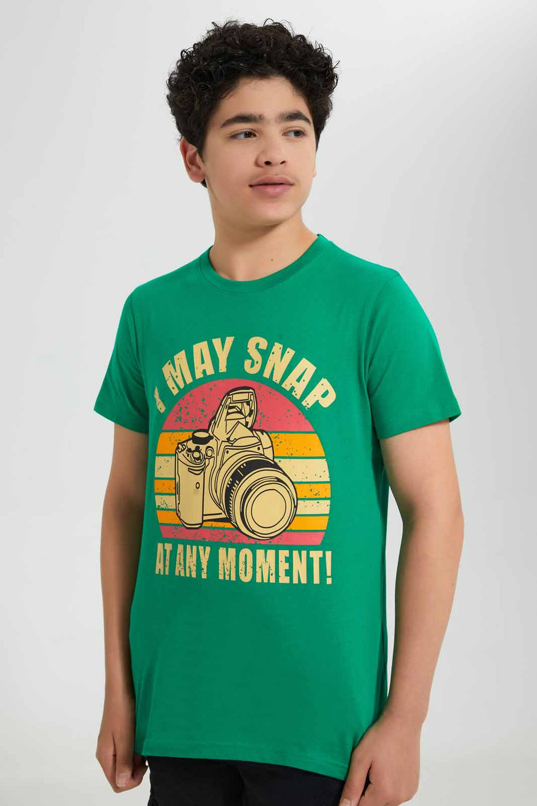 Redtag-Green-Snap-Moment-Tee-Graphic-T-Shirts-Senior-Boys-9 to 14 Years
