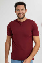 تنزيل الصورة على معرض الصور، Redtag-Burgandy-Henley-T-Shirt-Plain-T-Shirts-Men&#39;s-
