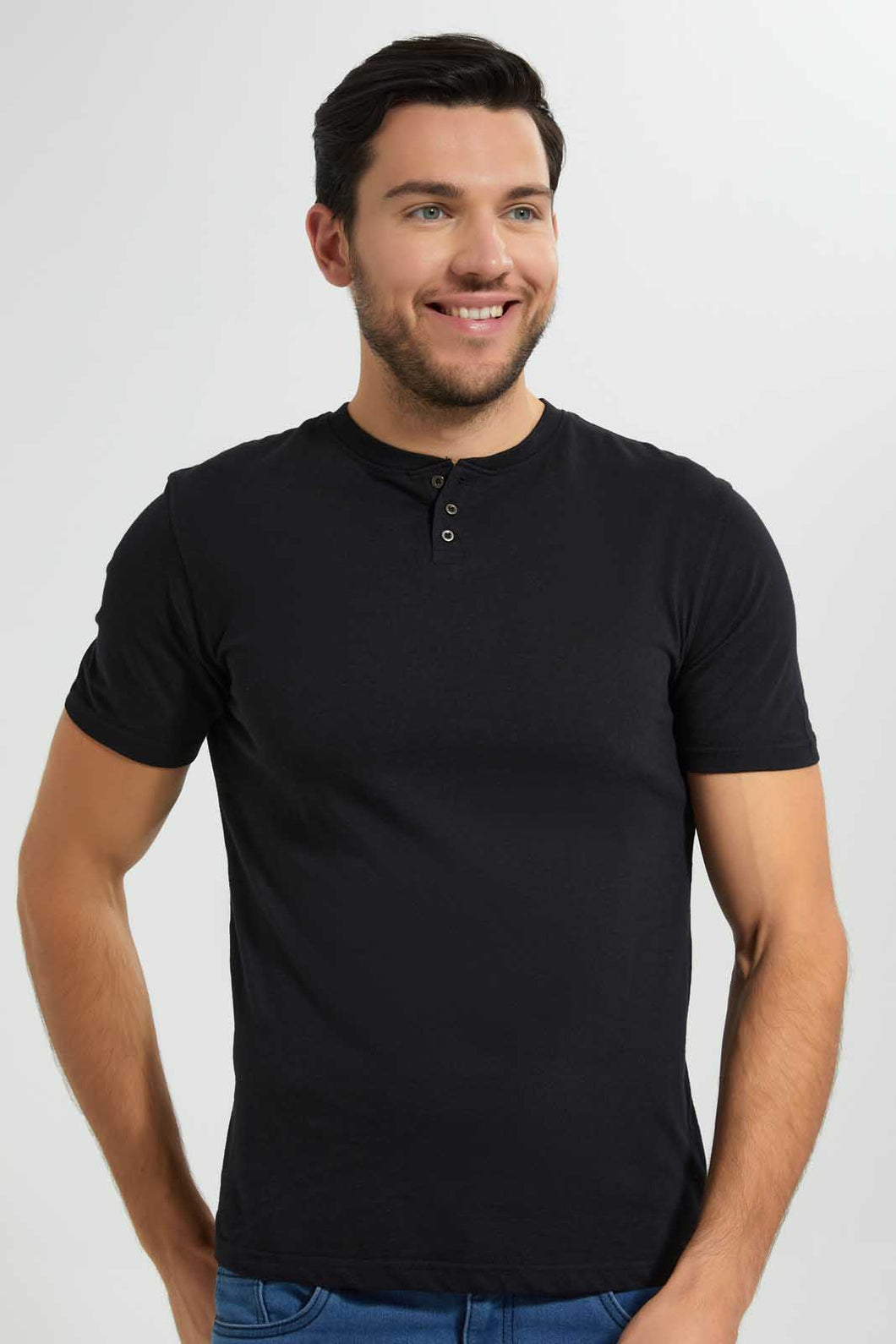 Redtag-Black-Henley-T-Shirt-Plain-T-Shirts-Men's-