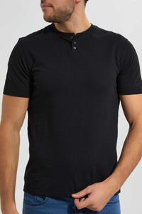 Redtag-Black-Henley-T-Shirt-Plain-T-Shirts-Men's-